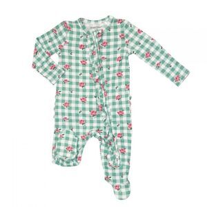 Angle Dear 2-Way Ruffle Zipper Footie, Gingham Roses Size 3-6 Months NWT